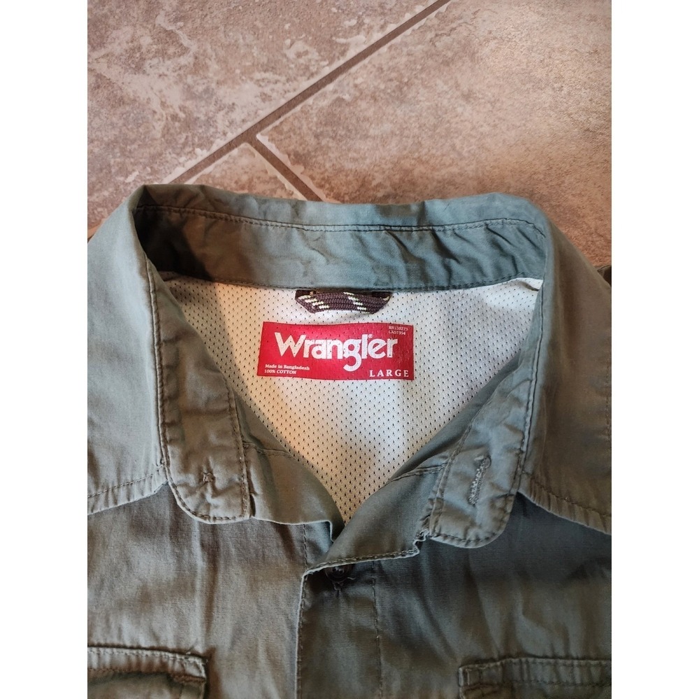 Wrangler Mens Large Green Short Sleeve Button Down Utility Outdoor Hiking Shirt